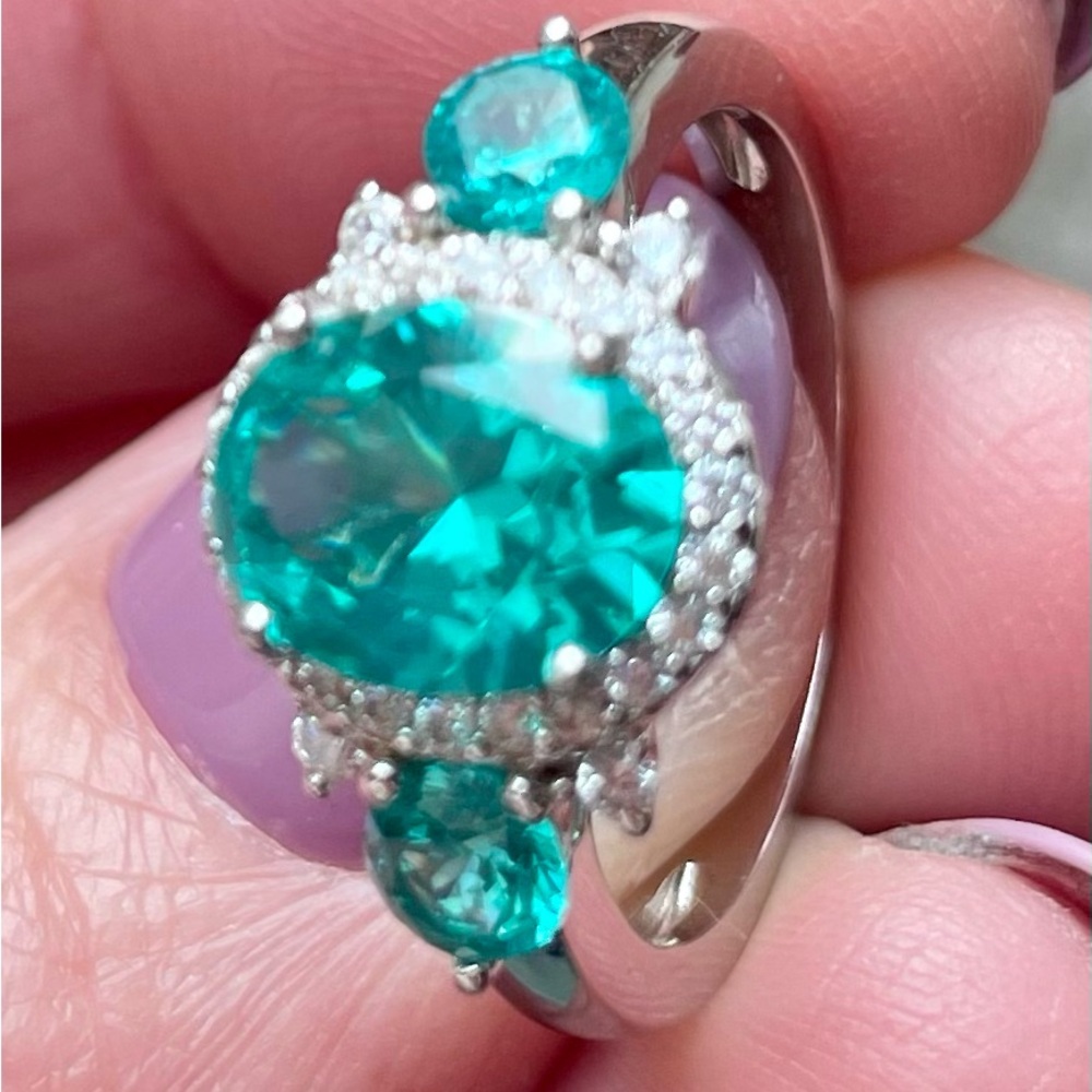 Elegant Sterling Silver and bright Aqua Gemstone RingLab Diamonds Sz 7 JBL 925 - Picture 6 of 9